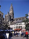 Spire and part of the cathedral from Groen Plaats, Antwerp, Belgium, Europe