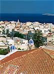 Aerial view over the town and harbour of Ermoupoli, Syros (Siros), Cyclades, Greek Islands, Greece, Eurpoe