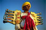 Acteur jouant Ravana, le Dieu démon de Lanka, l'un des personnages centraux de la Ramlilla, la pièce de théâtre de l'épopée hindoue du Ramayana, Varanasi, Uttar Pradesh État, Inde, Asie