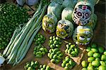 Green mangoes, snake gourds and squash painted with faces to hang in shop front to keep off evil spirits, India, Asia