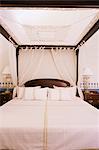 Four poster bed, dressed with traditional Lucknow chikan worked fabric, Lutyens style bungalow, New Delhi, India, Asia