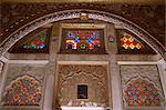 Original old stained glass windows and raised gilded plaster work, Mehrangarh Fort, Jodhpur, Rajasthan state, India, Asia