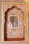 Detail of a painted, gilded and mirrored niche in the Sheesh Mahal (mirrored hall) (hall of mirrors), Kuchaman Fort, Rajasthan state, India, Asia