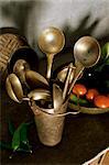 Traditional brass kitchen utensils in a home, Amber, near Jaipur, Rajasthan state, India, Asia