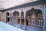 The painted walls of a covered verandah which surrounds one of the fort courtyards, Kuchaman Fort, Kuchaman, Rajasthan state, India, Asia