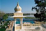 The swimming pool overlooking the lake at Dungarpur, Udai Bilas Palace, Dungarpur, Rajasthan state, India, Asia