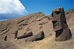 Une statue de moai partiellement fini dans la carrière à l'intérieur du cratère de Rano Raraku sur l'île de Pâques (Rapa Nui), patrimoine mondial de l'UNESCO, au Chili, Pacifique, Amérique du Sud