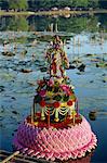 Floating floral decoration at the Loy Kratong festival in Sukhothai, Thailand, Southeast Asia, Asia