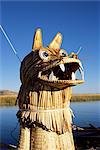 Detail of decoration on traditional reed boat, floating islands, Islas Flotantes, Lake Titicaca, Peru, South America