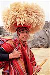 Portrait of a young Peruvian man in traditional dress, with hat and flute, Sacsayhuaman, near Cuzco, Peru, South America