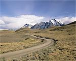 Road leading to Cuernos del Paine mountains, Torres del Paine National Park, Patagonia, Chile, South America