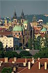 Skyline of the Stare Mesto district including Tyn Church, Charles Bridge and Town Hall in the city of Prague, Czech Republic, Europe