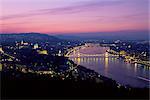 Evening view over city and River Danube, Castle district, Chain Bridge and Parliament, Budapest, Hungary, Europe