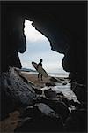 Surfer standing on beach with his surfboard