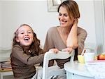 Mother and daughter having fun at breakfast table