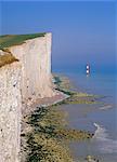 The lighthouse and chalk cliffs of Beachy Head from the South Downs Way, East Sussex, England, United Kingdom, Europe