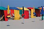 Multi-coloured beach tents and umbrellas, Deauville, Calvados, Normandy, France, Europe