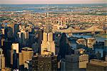 Aerial view over the Manhattan skyline at dusk, New York City, United States of America, North America