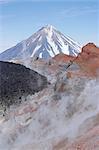 Avacha volcano, lava plug formed in crater in 1991, Koryaksky volcano beyond, Kamchatka, East Siberia, Russia