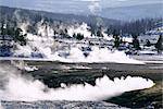 La vapeur provient de sources chaudes et chaud sans neige au sol dans le bassin de Midway en hiver, Parc National de Yellowstone, patrimoine mondial de l'UNESCO, Wyoming, États-Unis d'Amérique (États-Unis d'Amérique), Amérique du Nord