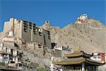 Leh palace above main town, with Tsemo Gompa on ridge behind, Leh, Ladakh, India, Asia