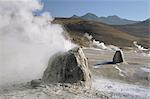 Geysers actifs sur les dômes de geysérite, bassin geyser El Tatio sur l'altiplano, désert d'Atacama, au Chili, en Amérique du Sud