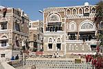 Architecture traditionnelle de briques ornée sur maisons, vieille ville, Sana ' a, patrimoine mondial de l'UNESCO, capitale du Yémen, Moyen-Orient