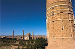 Partly destroyed minaret, one of several minarets in this complex, near Gaur Shads, Mausoleum, Mousallah Complex, Herat, Herat Province, Afghanistan, Asia