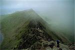 Hikers on Striding Edge, from Helvellyn, Lake District National Park, Cumbria, England, United Kingdom, Europe