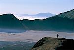 Tourist walking along rim of Gunung Bromo, Bromo-Tengger-Semeru National Park, Java, Indonesia, Southeast Asia, Asia