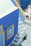 Detail of brightly painted house, Oia, Santorini (Thira), Cyclades, Greek Islands, Greece, Europe