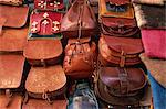 Leather goods on sale in souks, Medina, Marrakech, Morocco, North Africa, Africa