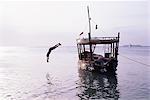 Garçon en plongée en vol d'un bateau amarré au bord de la plage à Stone Town, île de Zanzibar, Tanzanie, Afrique de l'est, Afrique