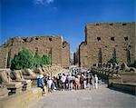 Crowd of tourists on the Processional Avenue, lined with ram-headed sphinxes, Temple of Karnak, Thebes, UNESCO World Heritage Site, Egypt, North Africa, Africa