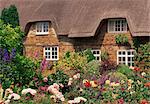 Strohgedeckten Hütten mit Gärten voller Sommerblumen in Hampshire, England, Vereinigtes Königreich, Europa