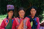 Portrait of three women of the Lisu hill tribe at the Chiang Dao Elephant Training Centre in Chiang Mai, Thailand, Southeast Asia, Asia
