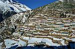Houses and terraced fields under snow at Namche Bazaar in the Himalayas in Nepal, Asia