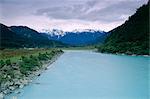 View up Whatoroa River to the mountains of the Southern Alps, Canterbury, South Island, New Zealand, Pacific