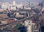 View over Vauxhall with Eurostar and other trains approaching Waterloo station, London, England, United Kingdom, Europe