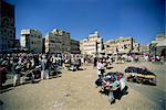 Shoe stalls at Bab Al Yemen gate in city walls, Sana'a Souk, Sana'a, Yemen, Middle East