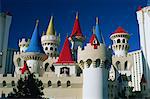 Brightly coloured turrets of the Excalibur Hotel and Casino in Las Vegas, Nevada, United States of America, North America