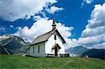 Église de montagne avec vue sur le Glacier d'Aletsch, Belalp, Brig, Valais, Suisse, Europe