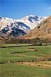 View across fields to valley head in winter, Great Langdale, Lake District National Park, Cumbria, England, United Kingdom (U.K.), Europe