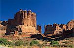Sandstone cliffs above the Park Avenue trail, Courthouse Towers, Arches National Park, Utah, United States of America, North America