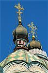 Close-up of domes and crosses on top of the Zenkov Cathedral, built of wood but no nails in 1904, at Almaty, Kazakhstan, Central Asia, Asia