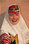 Portrait of a woman in traditional folk costume at Kezmarok, Slovakia, Europe