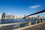 Manhattan skyline, Brooklyn Bridge and the East River from the Fulton Ferry Landing, Brooklyn, New York City, New York, United States of America, North America