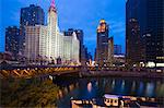 The Wrigley Building, North Michigan Avenue, and Chicago River at dusk, Chicago, Illinois, United States of America, North America