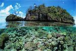 Above and below water view of coral reef surrounding islet of Yanu Yanu i Sau, Lau group (Exploring Isles), Northern Lau Group. Fiji, Pacific Islands, Pacific