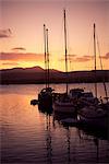 Yachts au coucher du soleil, Caleta de Fustes, Fuerteventura, îles Canaries, Espagne, Europe